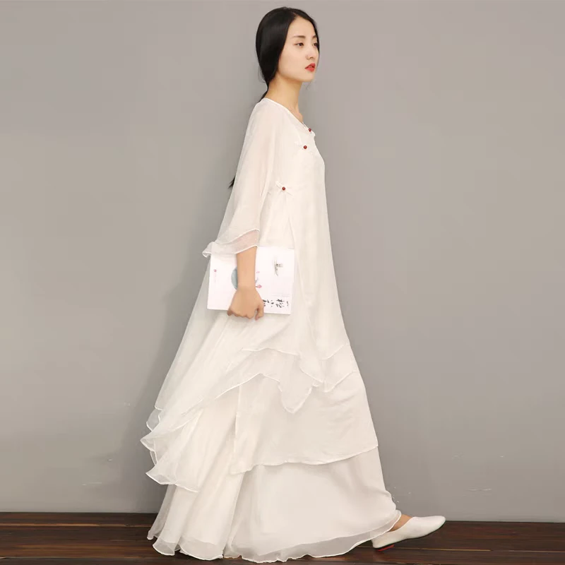 青央轻薄飘逸禅意禅舞服女式文艺宽松中长款连衣裙吊带裤子三件套