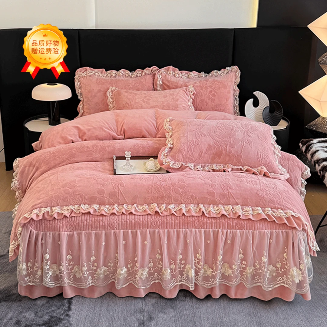 不老的爷爷韩版玫瑰雕花加绒双面绒加厚牛奶绒四件套床裙保暖QY