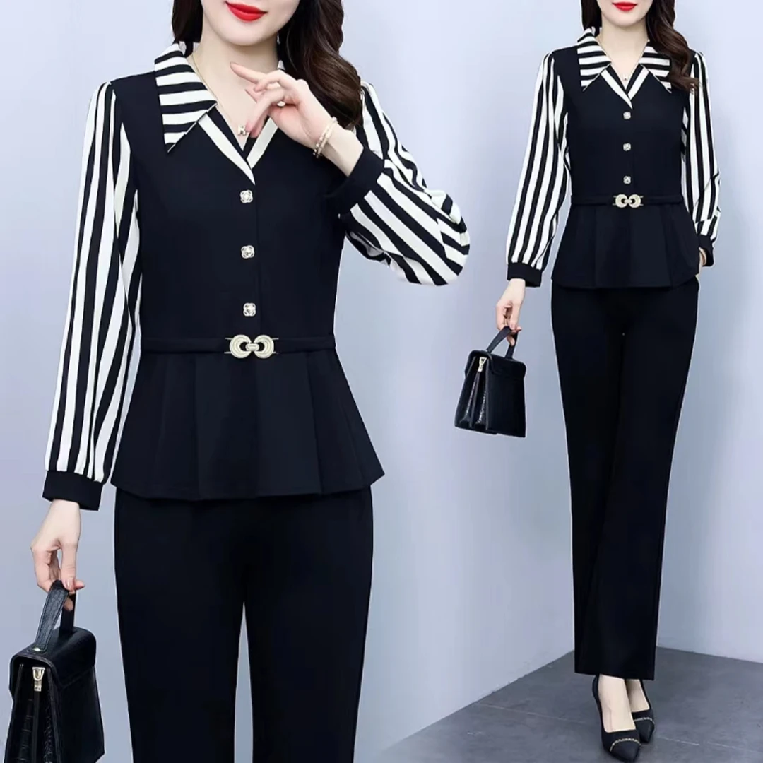2025年新款时尚套装女春秋装妈妈显瘦洋气条纹衬衫领两件套阔腿裤