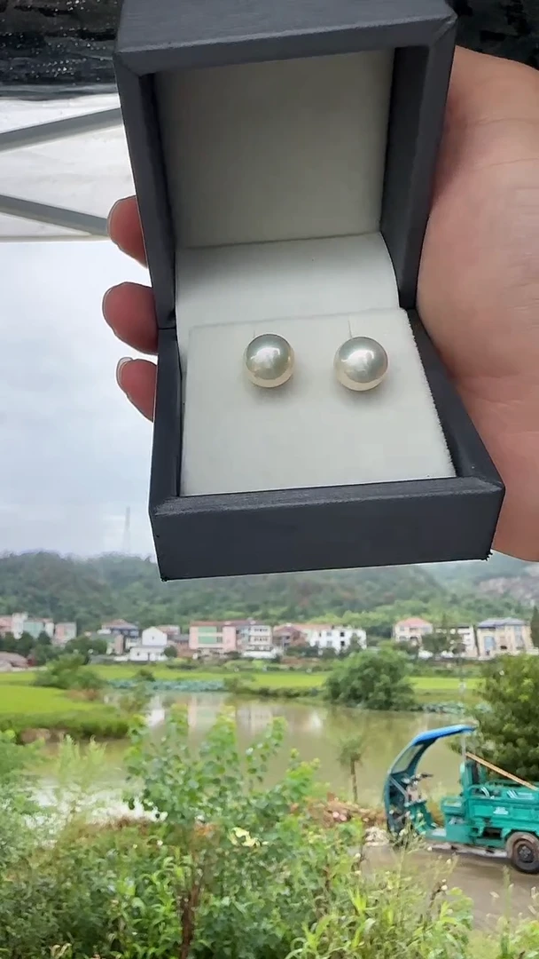 银S925镶嵌耳环淡水珍珠10-11mm耳钉