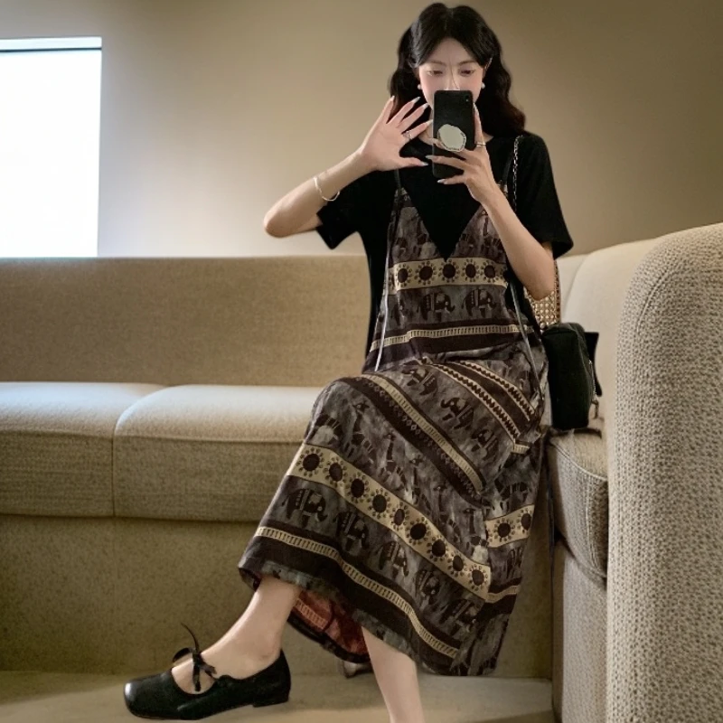 实拍大码女装2025夏季新款法式休闲时尚轻奢气质拼接假两件连衣裙