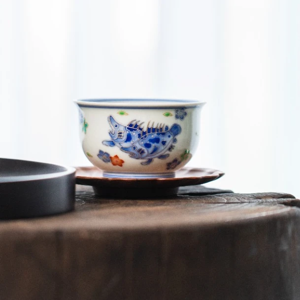 543【景德詺兮】非遗百匠·矾红桃花鳜鱼大炉式杯MX363
