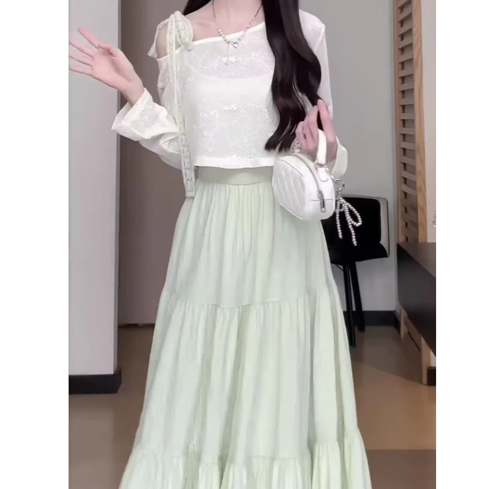 YH-66942-2025夏季新款大码女装长袖镂空罩衫吊带连衣裙两件套