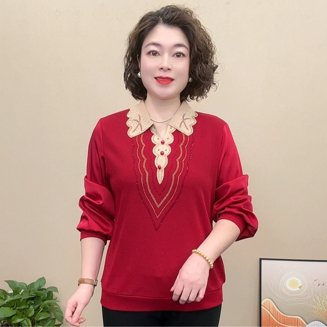 春款上新时尚洋气宽松拼接翻领烫钻显瘦气质妈妈装上衣女士百搭