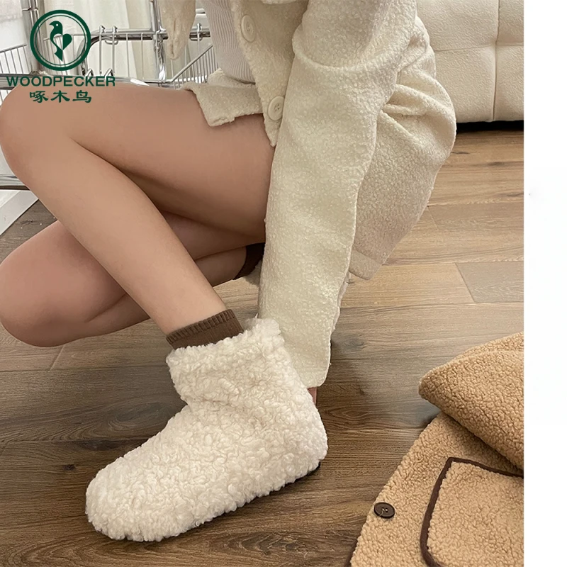 啄木鸟加绒保暖毛毛鞋女2025秋冬季外穿卷毛短靴白色雪地靴棉鞋