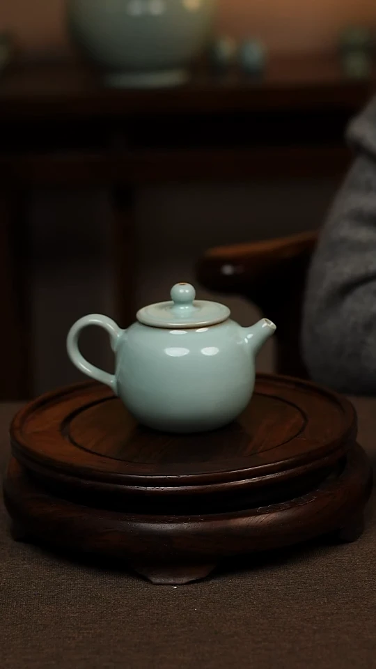 瓷片天青色全手工苹果壶130ml微瑕不带礼盒