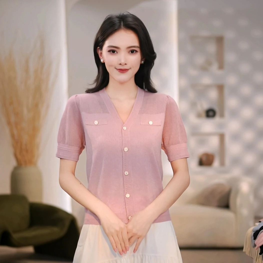 V领2025夏新款气质精致轻薄女人上衣显瘦小香风镂空针织开衫短袖