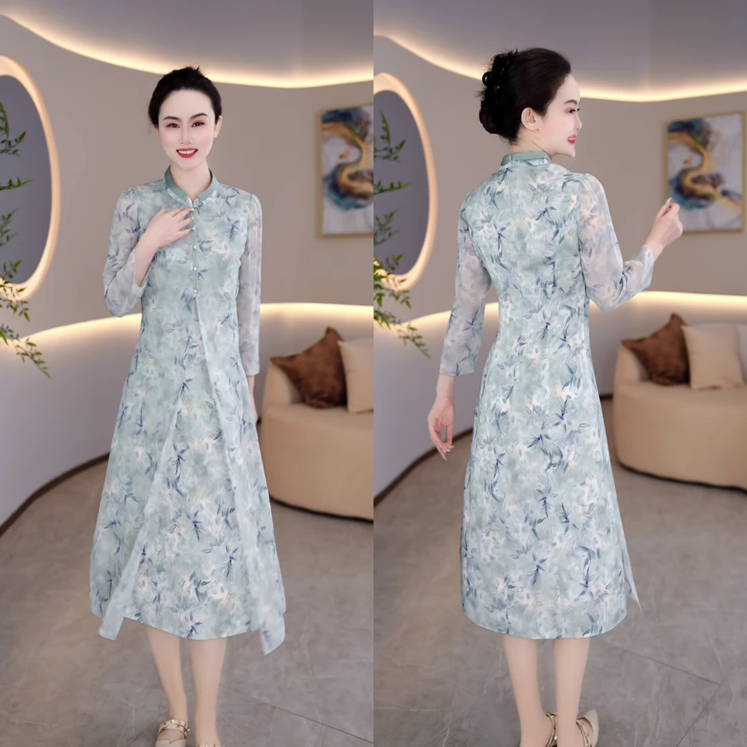 2025春季新款妈妈装时尚减龄显瘦百搭气质假两件连衣裙M-5XL