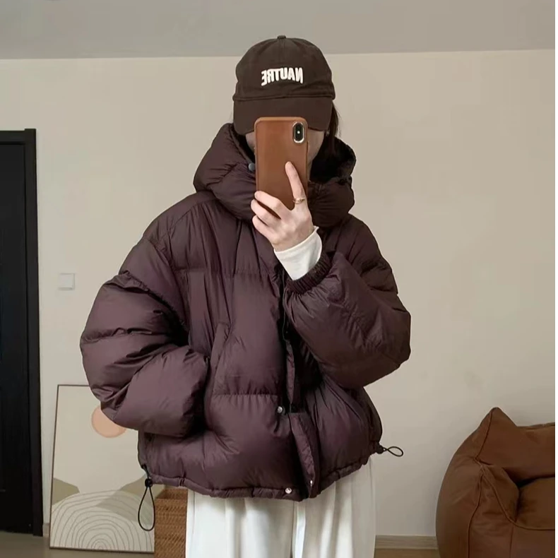 白鸭绒美拉德时尚短款连帽羽绒服女冬季加厚外套