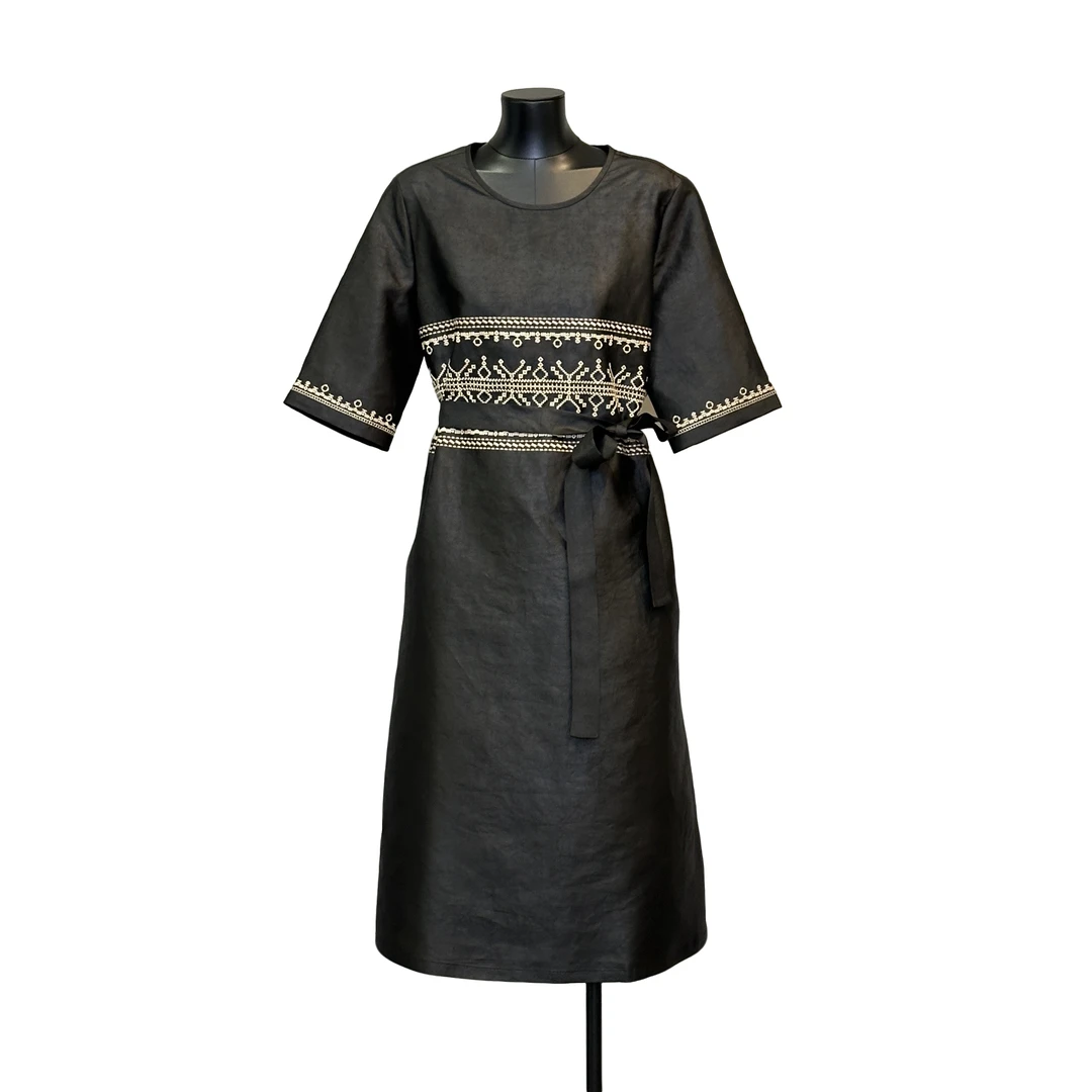 「利琪高订」国风时尚高级简约气质大码显瘦金线刺绣连衣裙A5345