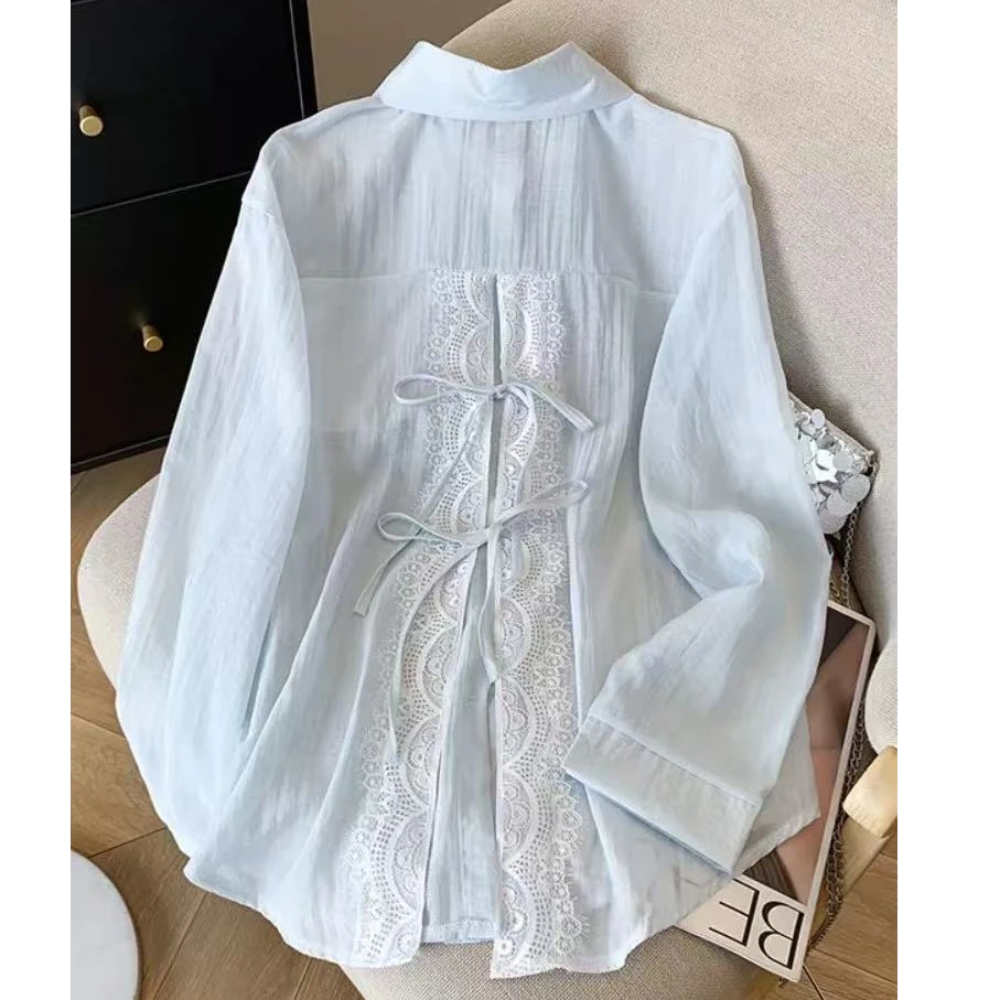 时尚洋气防晒衣2025夏新款女装长袖宽松透气蕾丝拼接空调衫外搭