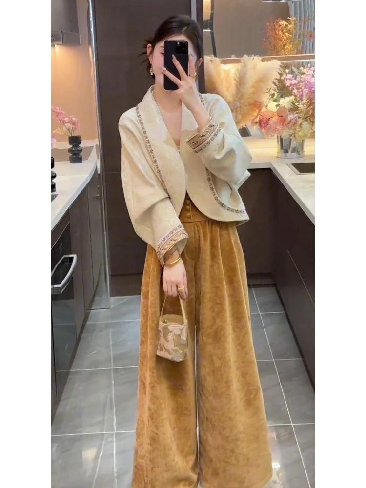 秋日巨好看的大方得体高端时髦名媛气质琥珀黄裤子高腰显瘦休闲裤