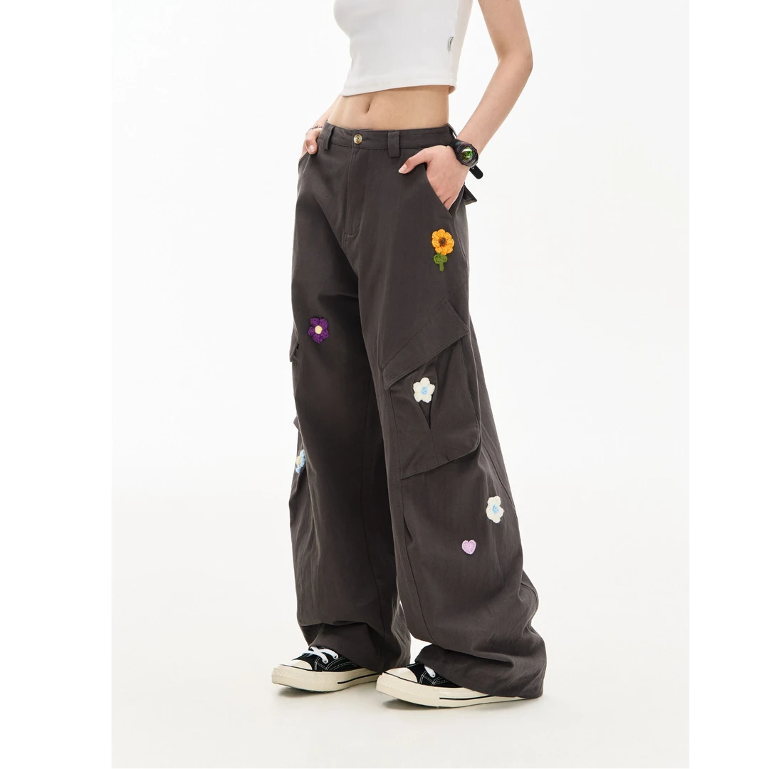 F426国潮情侣夏季新款复古立体花朵刺绣工装裤6772