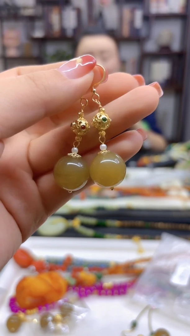 【闪购商品】和田玉（糖玉）耳饰14K金镶嵌E247