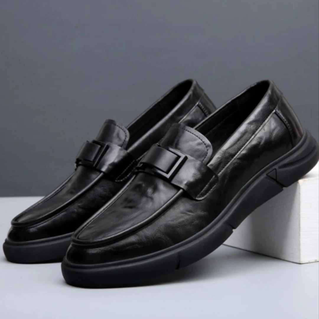 【真皮-】男士新款一脚蹬懒人鞋黑色上班爆款尖头休闲皮鞋真皮鞋