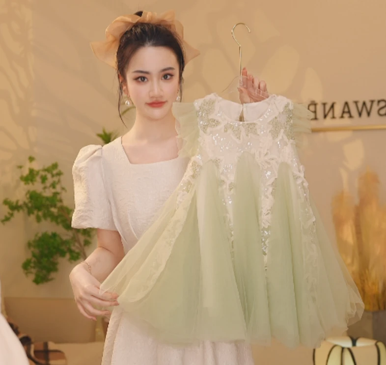 【Y.d9606】2025夏季新款女童重工亮片网纱背心裙洋气女宝公主裙