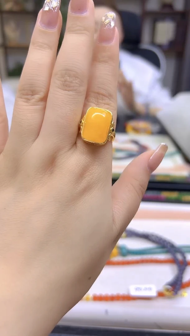 蜜蜡银S925镀金镶嵌戒指DIY款J97