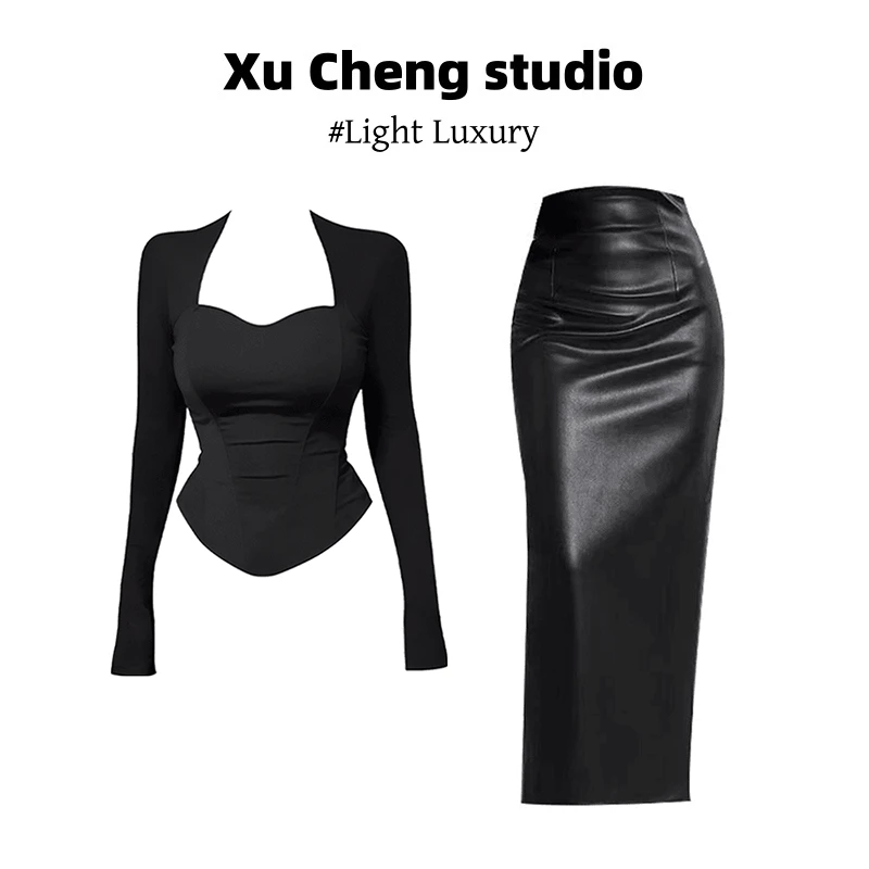 Xu Cheng性感长袖T恤女款秋季黑色显瘦打底衫上衣气质高腰半身裙