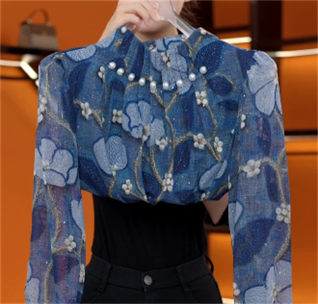 2025新款原版正品碎花衬衫夏季新款重工钉珠上衣女遮肚洋气上衣