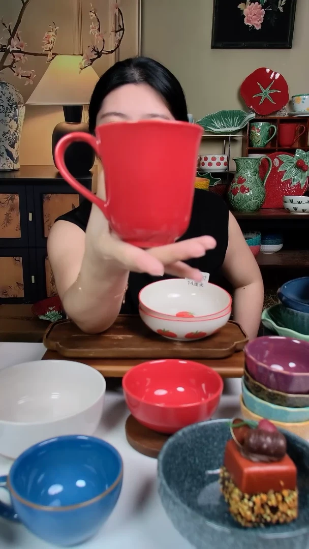 陶红瓷线条纹陶瓷杯X2