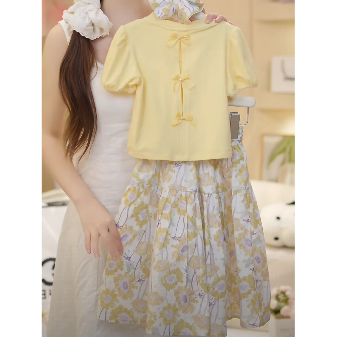 2025夏季女童新款套装6049黄色蝴蝶结短袖黄色小花碎花裙两件套