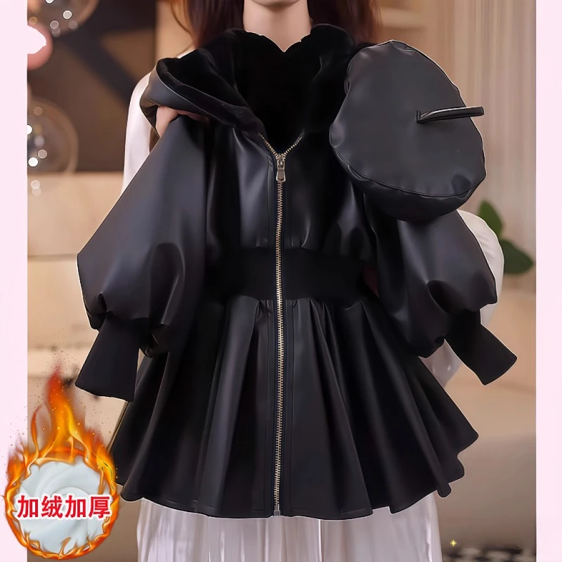 女童加绒软皮外套冬装2025新款加厚一体绒连帽PU中长款大衣派克服