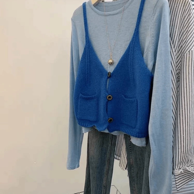 【深蓝浅出】克莱因蓝两件套装独特气质针织衫女设计感小众.Y6757