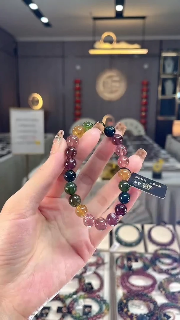 未镶嵌收藏级老矿碧玺色标彩虹单圈手串9mm碧玺dan多样性发货一条