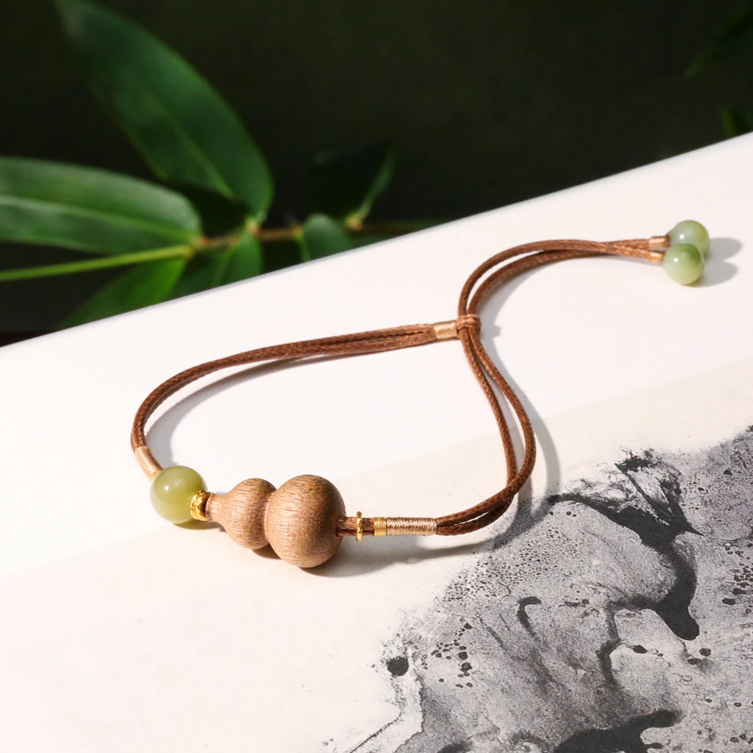 沉香【意婵】《语夏》18K金天然高品棋楠沉香葫芦手绳新疆碧玉-912594