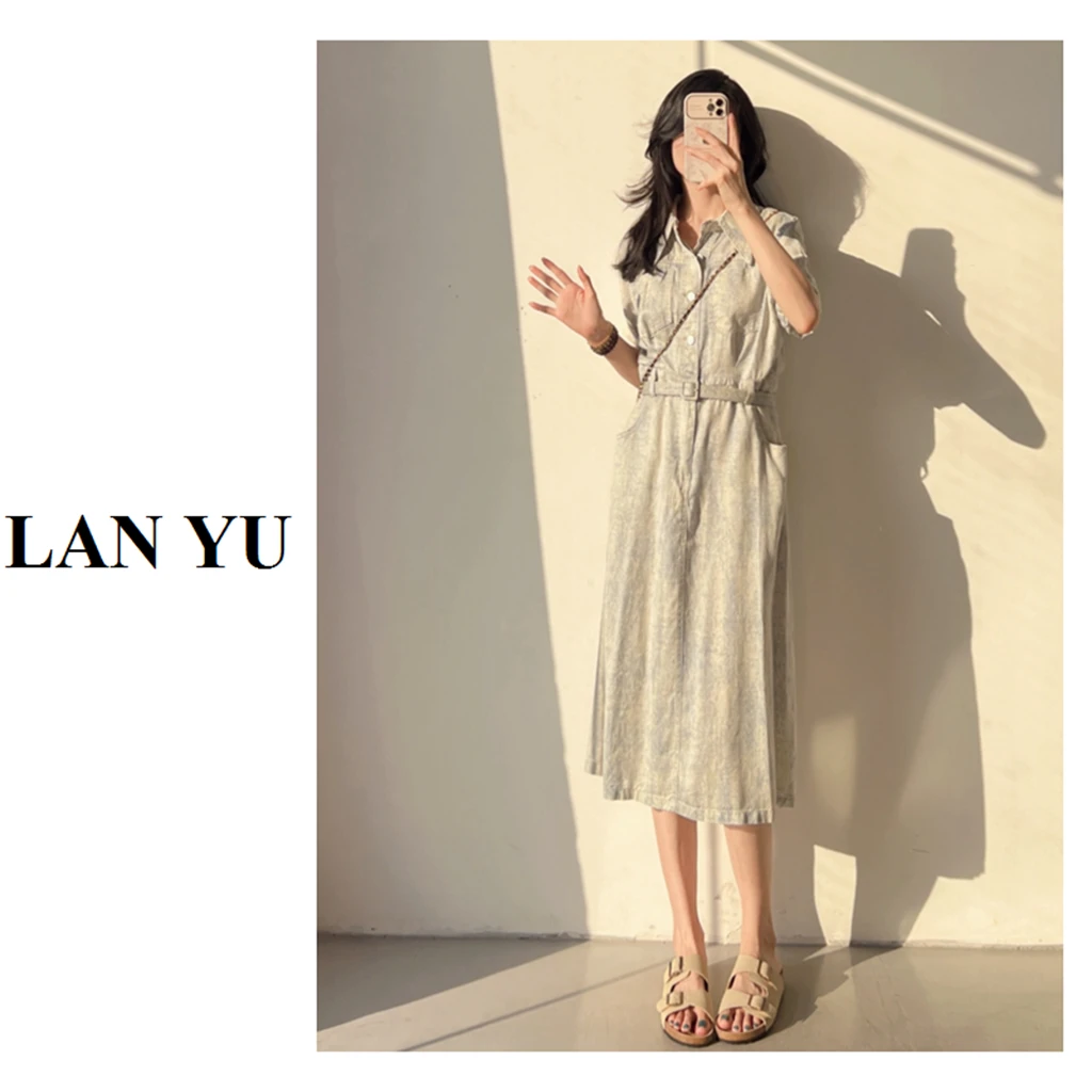 蓝羽老板娘【玛丽花】短款/长款~莱赛尔扎染工艺超薄牛仔连衣裙女LY