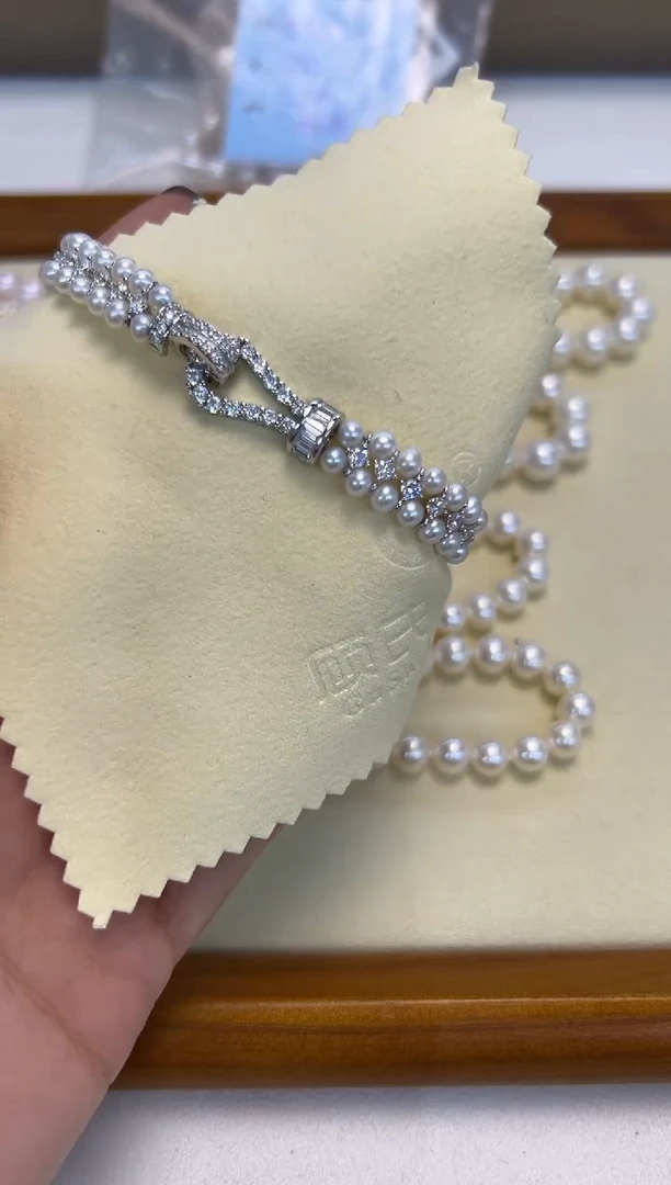银S925镶嵌手绳淡水珍珠白珠双排手链
