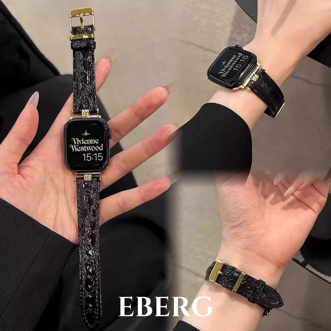 适用苹果iwatch手表s11表带s10鳄鱼纹真皮applewatchs9女款se腕带