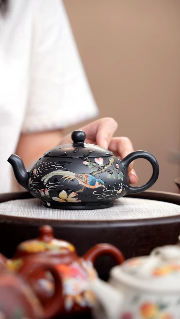 茶壶紫砂云雾天青扁玉泥绘花鸟