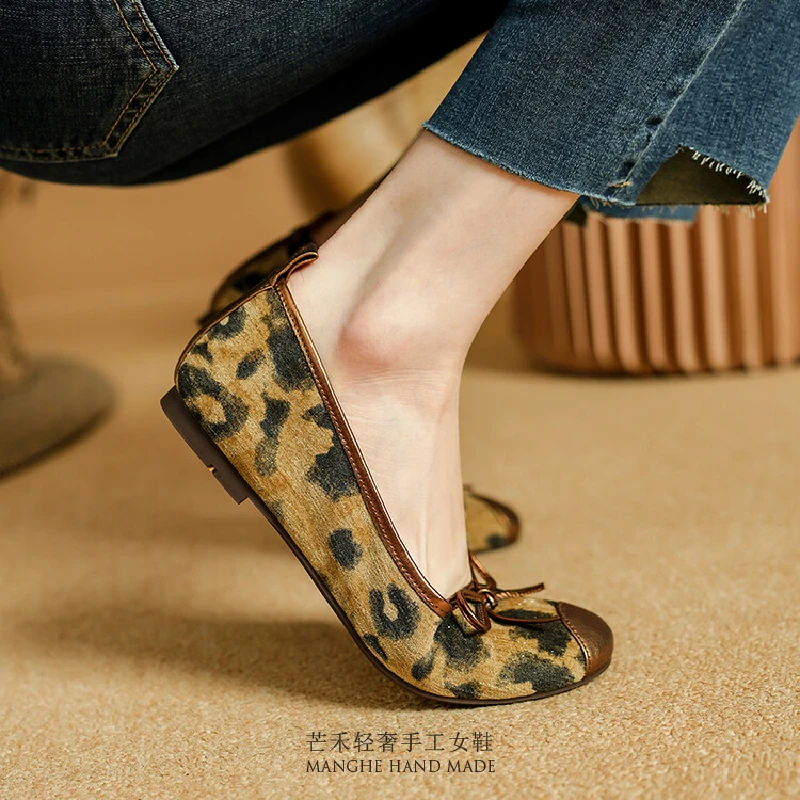 复古小香风|1cm头层羊皮蝴蝶结豹纹单鞋女真皮软底浅口一脚蹬皮鞋