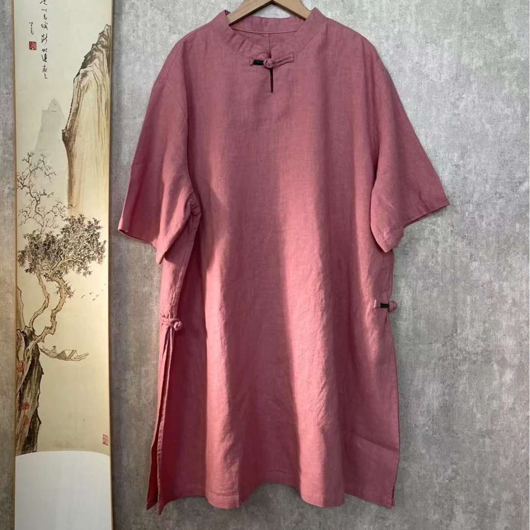 芬雅亚麻复古禅意立领开叉中长旗袍裙新中式衣长86胸围132