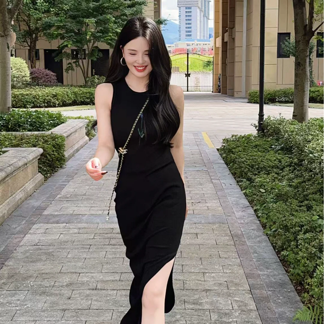 福利10.4号时尚显图案无袖开叉长款连衣裙（现货）  气质显瘦夏季修