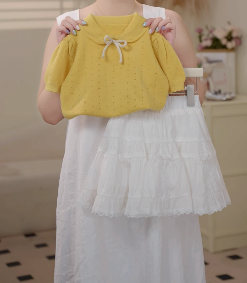 2025夏季韩版黄色蝴蝶结短袖针织衫蕾丝半身裙套装25416A