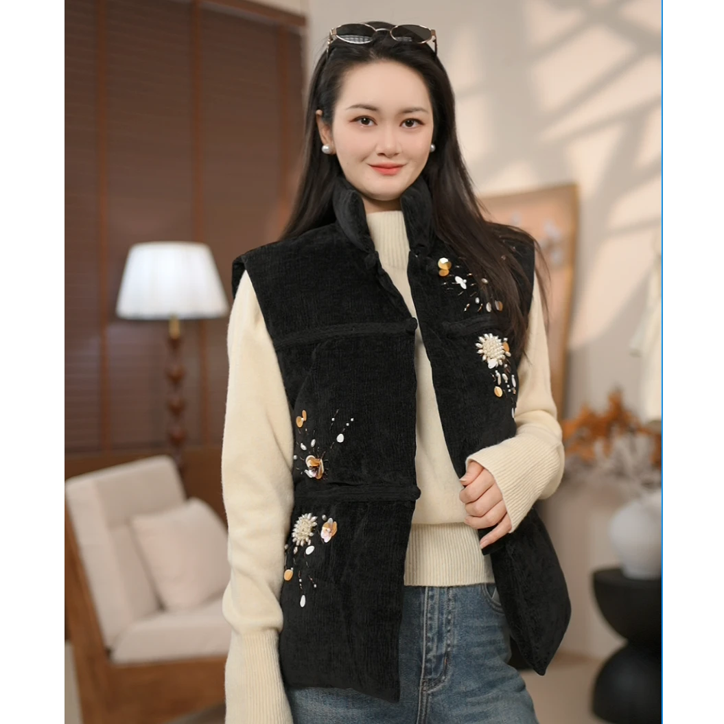 【叶梓高定】秋冬复古质感亮片加厚马甲51808绣花