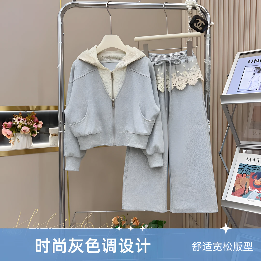 女童春秋运动套装洋气2025新款韩版蕾丝帽针织宽松阔腿连帽两件套