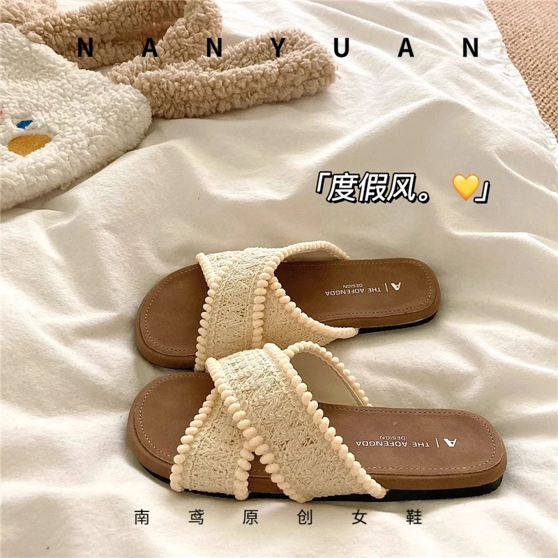 椰林漫步~！度假风慵懒编织拖鞋夏季ins外穿透气沙滩一字凉拖鞋潮