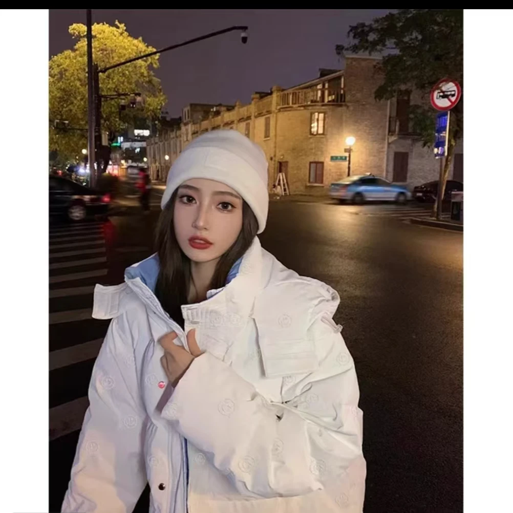 笑脸白色棉服女冬季2025新款美式oversize高级感小众情侣穿搭外套