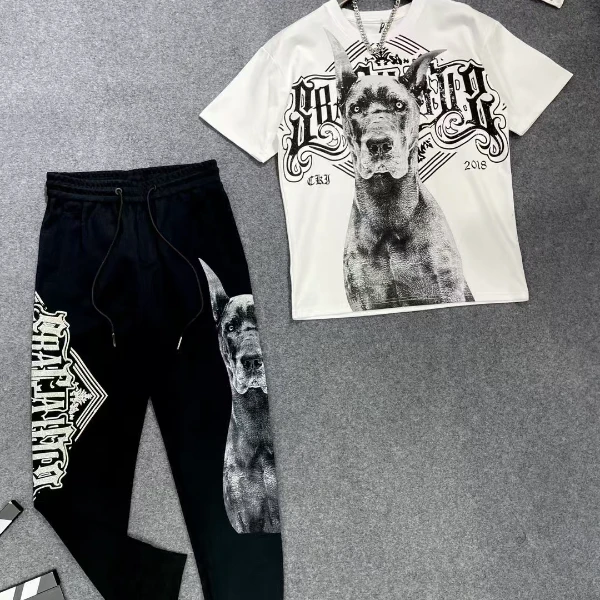 套装男士时尚休闲秋冬潮流印花重工轻奢情侣烫钻宽松个性帅气圆领