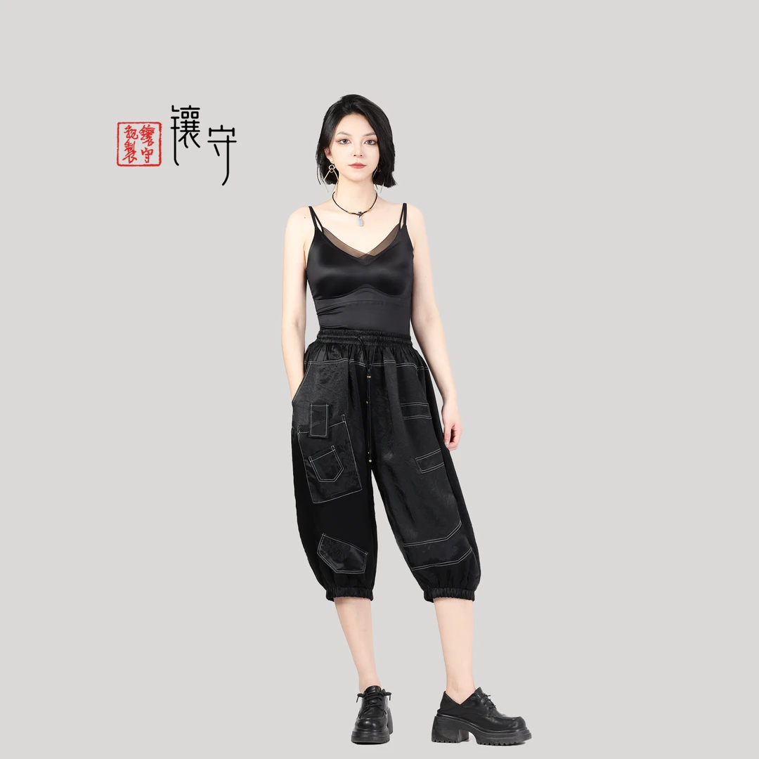 【镶守·酷格】夏季百搭新中式气质时尚宽松黑色休闲五分裤K9088-1