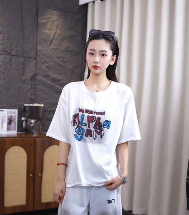 新款4色半袖网红字母印花炒色宽松遮肚夏季潮流圆领复古个性韩版