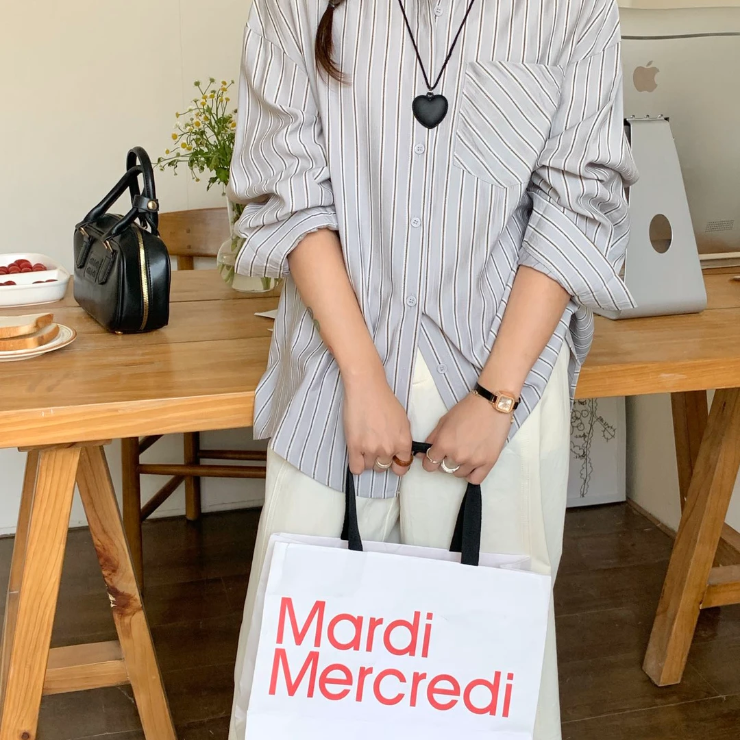 XS5995（聚水潭）条纹春季INS风长袖单排多扣衬衫时尚宽松女士衬衫