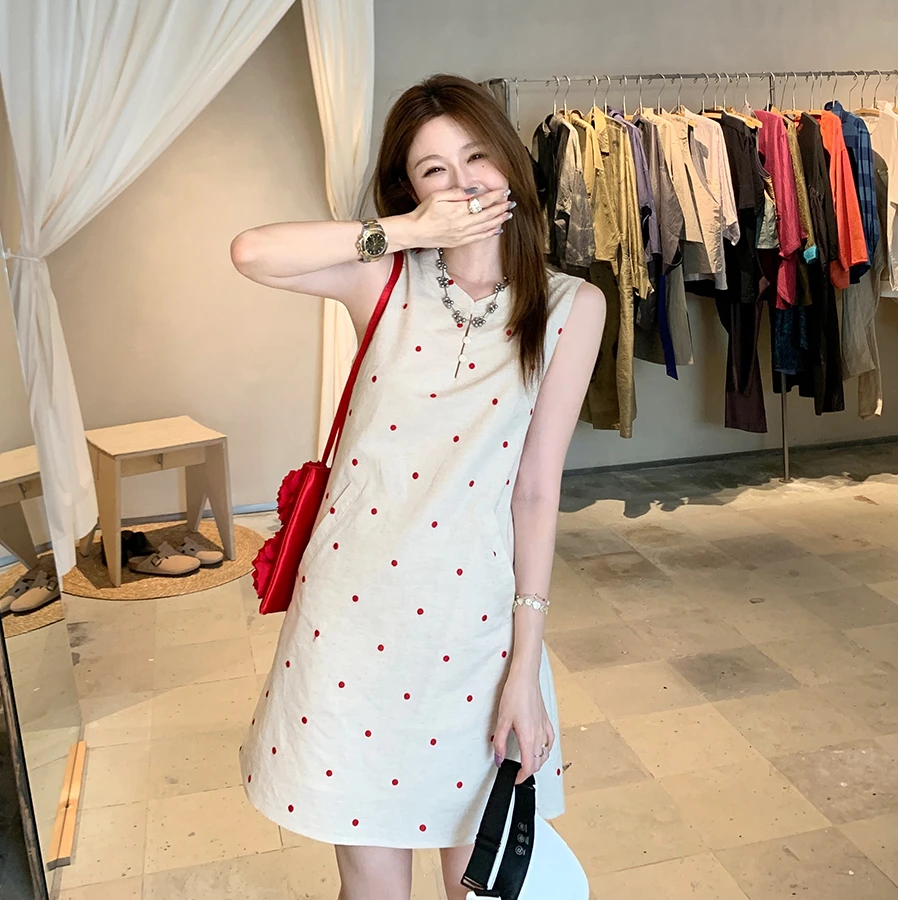 【乔梦直播】法式小众气质波点无袖背心裙设计连衣裙8004