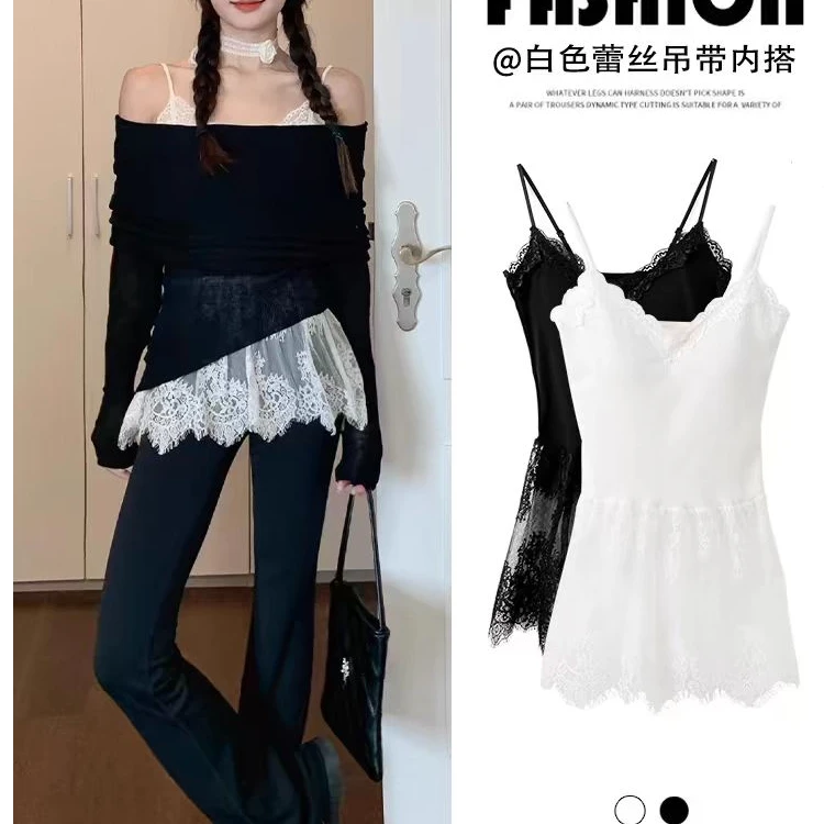 白色蕾丝小吊带内搭女修身气质V领荷叶边背心小个子纯欲上衣3027