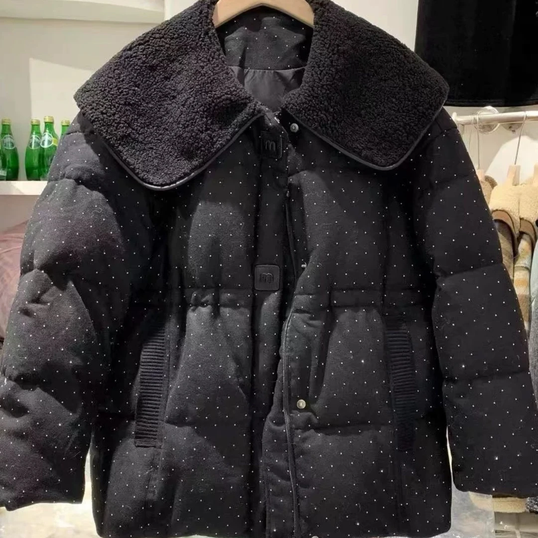 韩系娃娃领重工烫钻女冬季新款时尚宽松中长款收腰外套