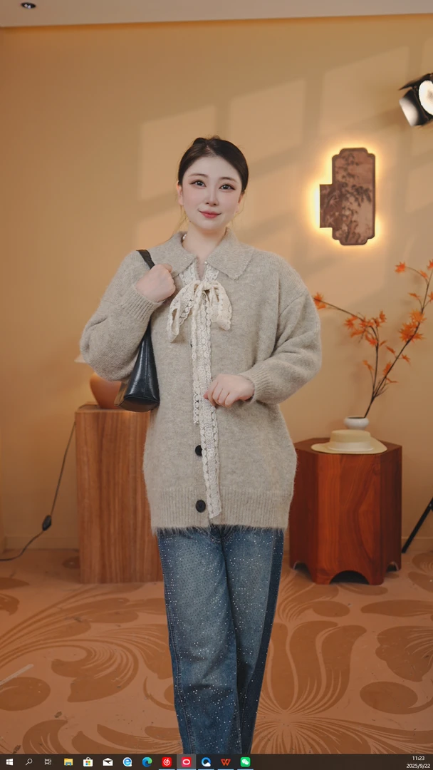从绒（法式V领丝带大版针织毛衣）