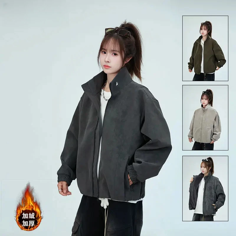 美式立领雾面pu皮夹克加绒外套男女款设计感座山雕宽松高级感上衣